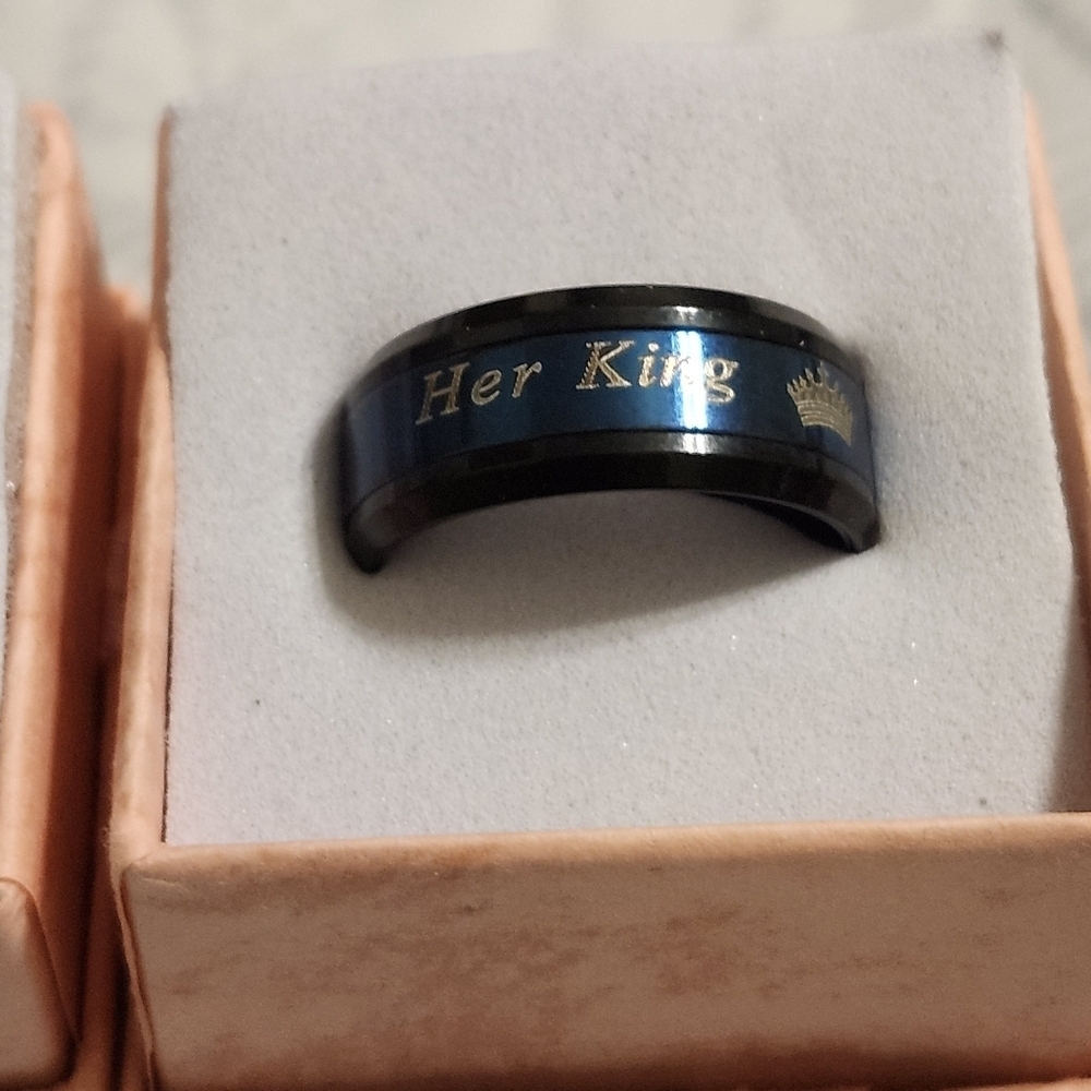 Fashion 2-Tones Her King Ring, Black Blue, Matching Couples Wedding Band Engagem - Picture 2 of 3